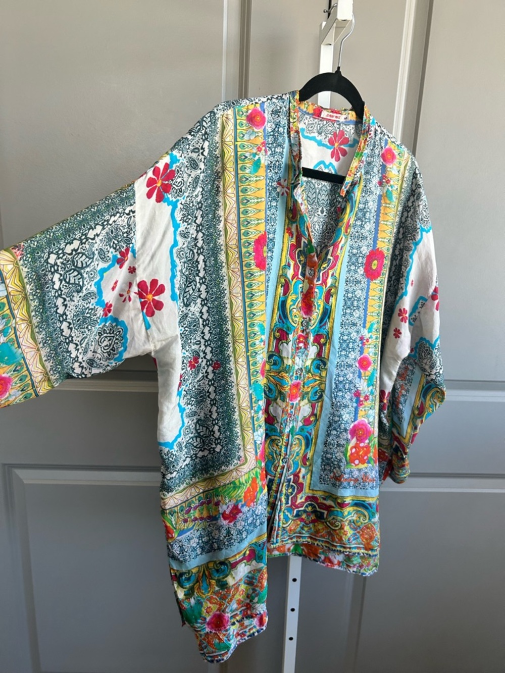 Johnny Was Silk Boho Tunic Blouse Oversized Floral Print Size S coastal boho #78 - Picture 3 of 10